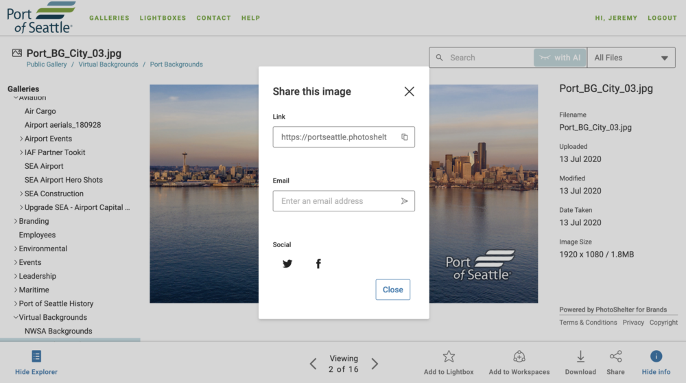 Screenshot of Port of Seattle's PhotoShelter Library, showcasing the sharing tools.